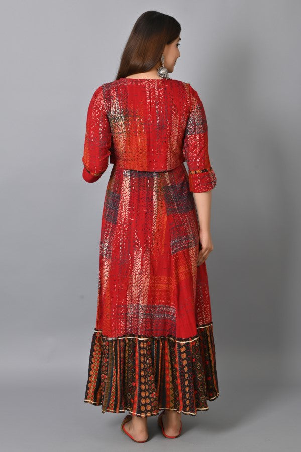 Maroon Embroidered Jacket Flair Gown