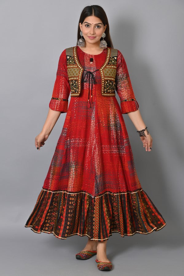 Maroon Embroidered Jacket Flair Gown