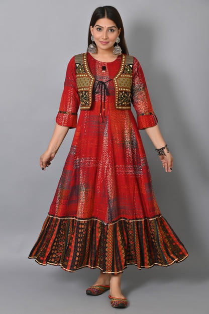 Maroon Embroidered Jacket Flair Gown