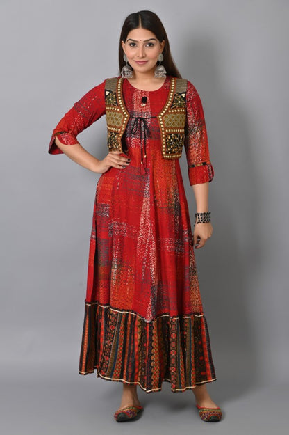 Maroon Embroidered Jacket Flair Gown