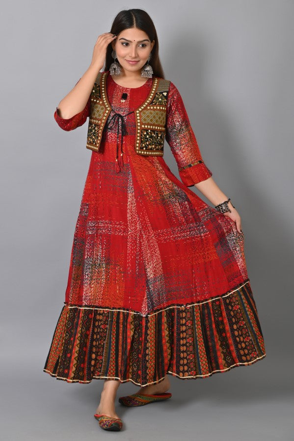 Maroon Embroidered Jacket Flair Gown