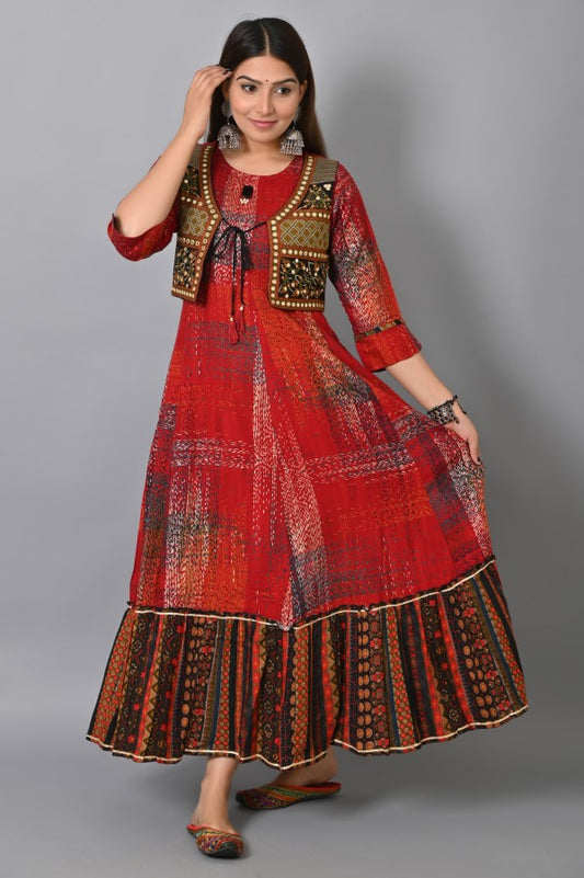 Maroon Embroidered Jacket Flair Gown
