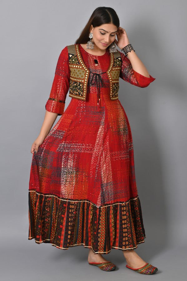 Maroon Embroidered Jacket Flair Gown