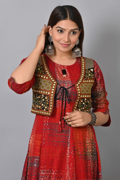 Maroon Embroidered Jacket Flair Gown