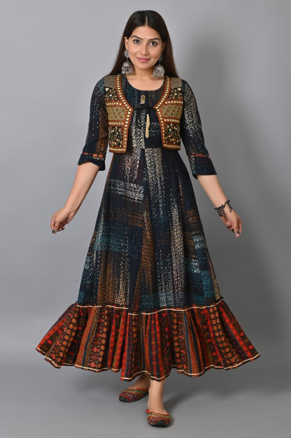 Blue Embroidered Jacket Flair Gown