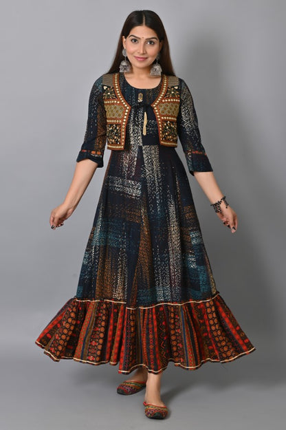 Blue Embroidered Jacket Flair Gown