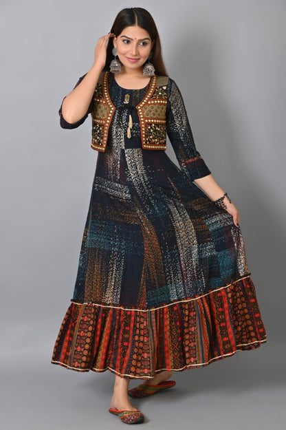 Blue Embroidered Jacket Flair Gown