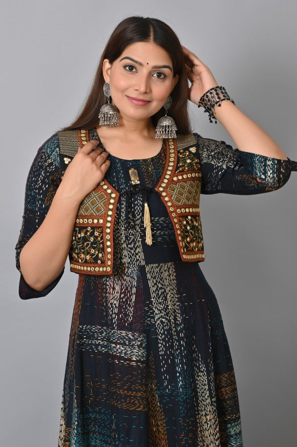 Blue Embroidered Jacket Flair Gown