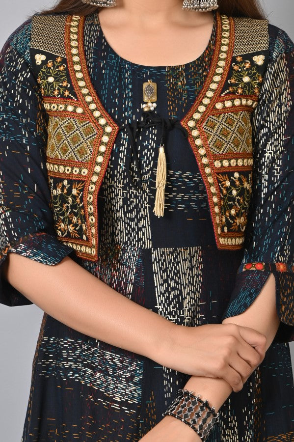 Blue Embroidered Jacket Flair Gown