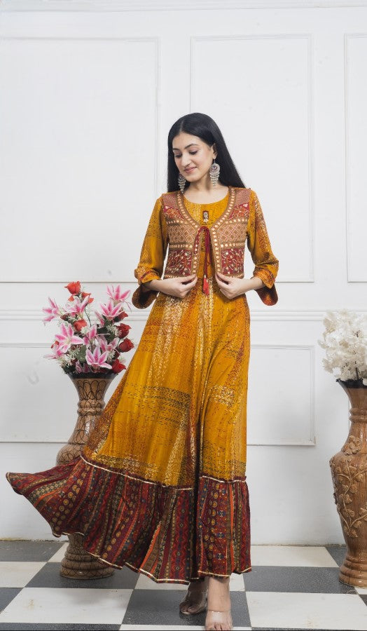 Yellow Embroidered Jacket Flair Gown