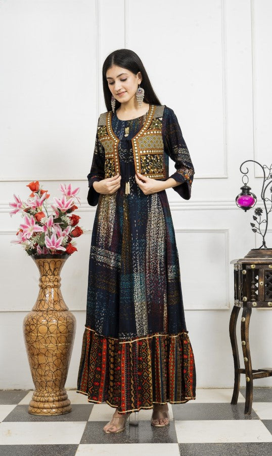 Blue Embroidered Jacket Flair Gown