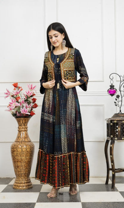 Blue Embroidered Jacket Flair Gown