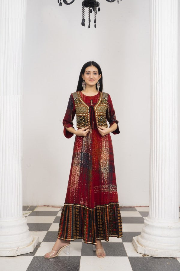 Maroon Embroidered Jacket Flair Gown