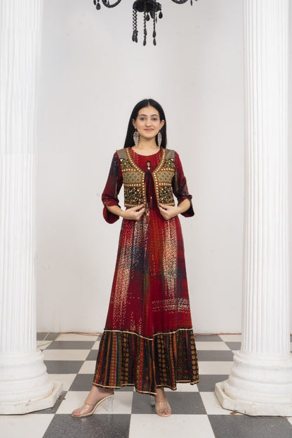 Maroon Embroidered Jacket Flair Gown