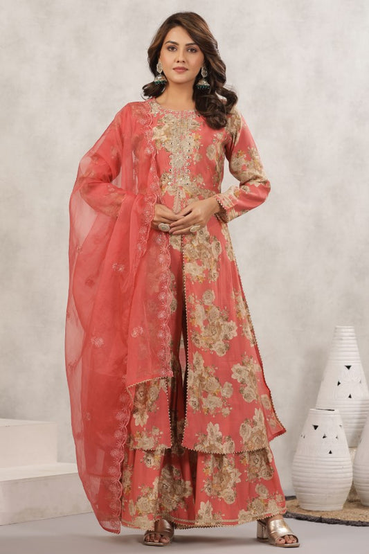 Peach Pitten-Work Handworked Sharara Set