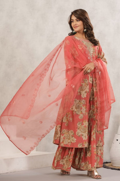 Peach Pitten-Work Handworked Sharara Set