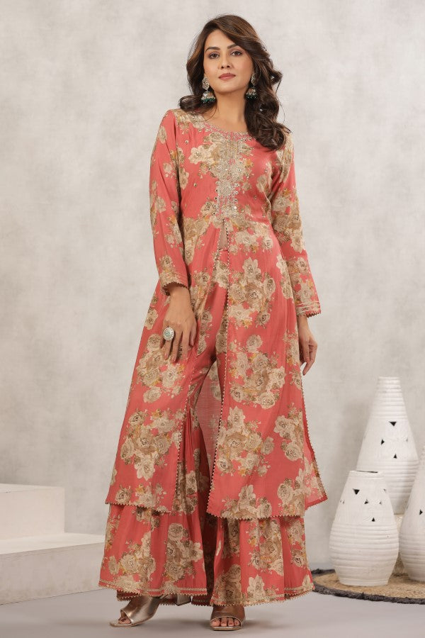 Peach Pitten-Work Handworked Sharara Set