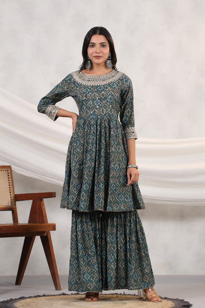 Teal-Blue Ikkat Print Muslin Sharara Set