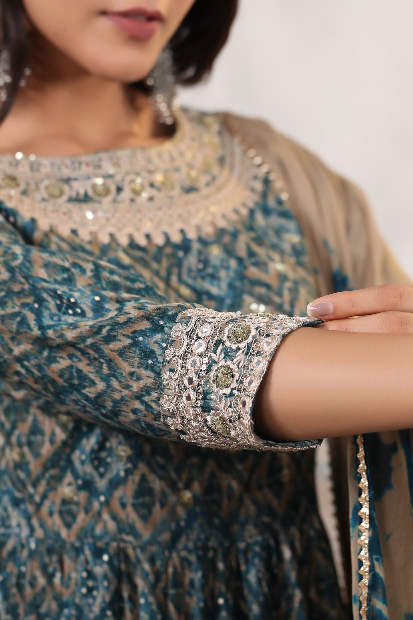 Teal-Blue Ikkat Print Muslin Sharara Set
