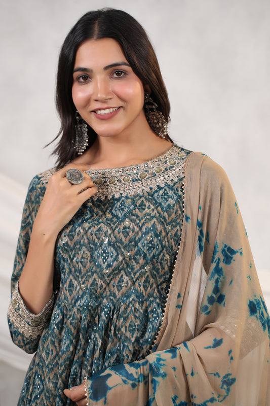 Teal-Blue Ikkat Print Muslin Sharara Set