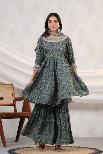 Teal-Blue Ikkat Print Muslin Sharara Set