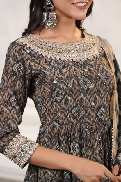 Black Ikkat Print Muslin Sharara Set