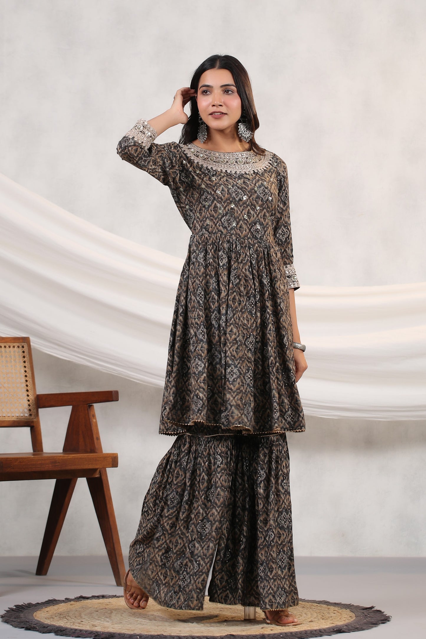 Black Ikkat Print Muslin Sharara Set