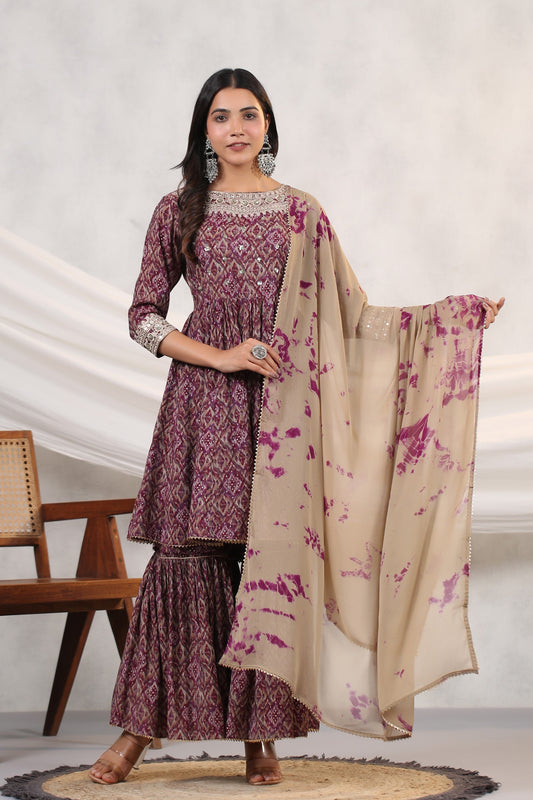 Wine Ikkat Print Muslin Sharara Set