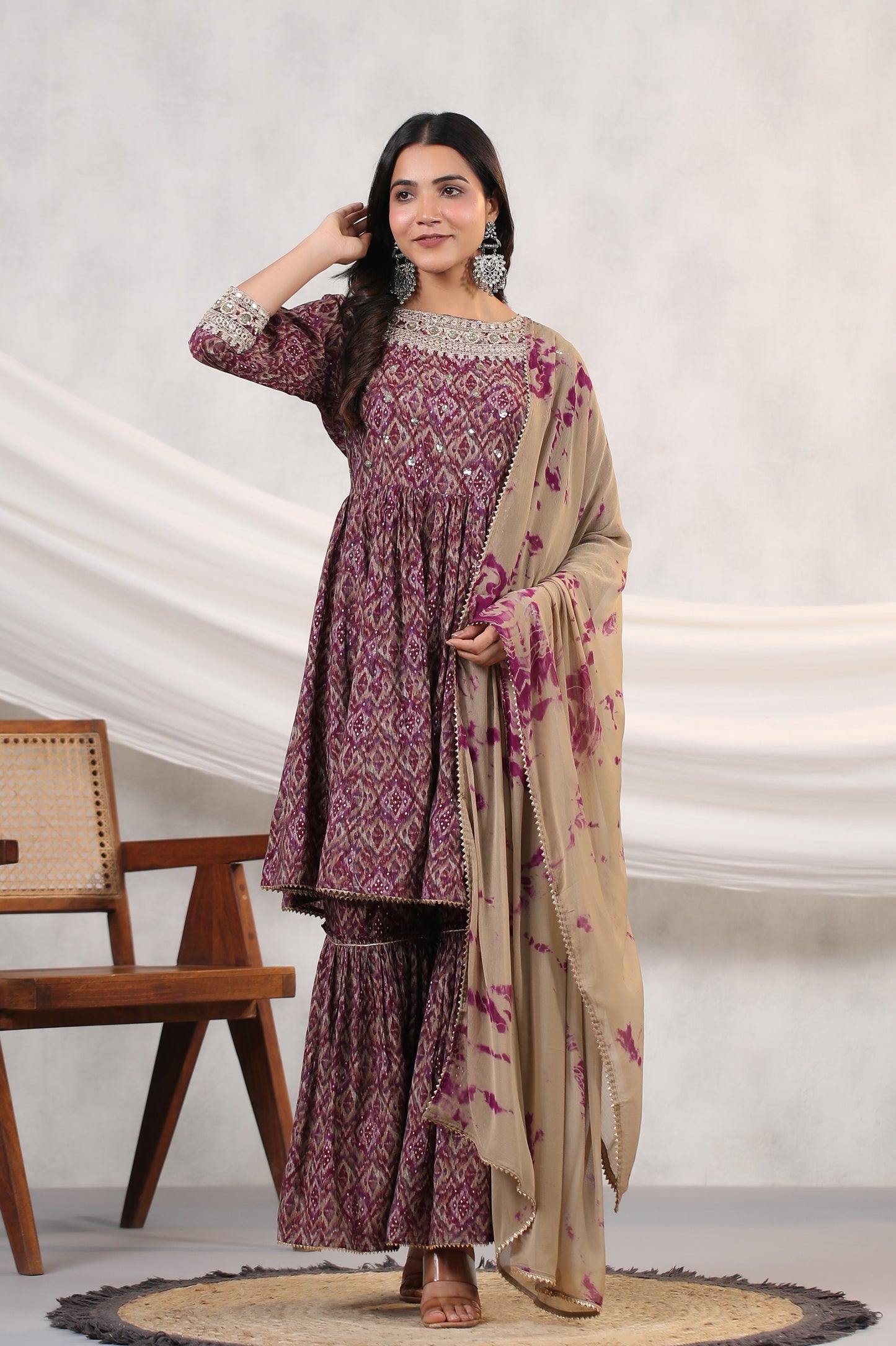 Wine Ikkat Print Muslin Sharara Set