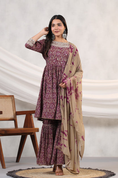 Wine Ikkat Print Muslin Sharara Set