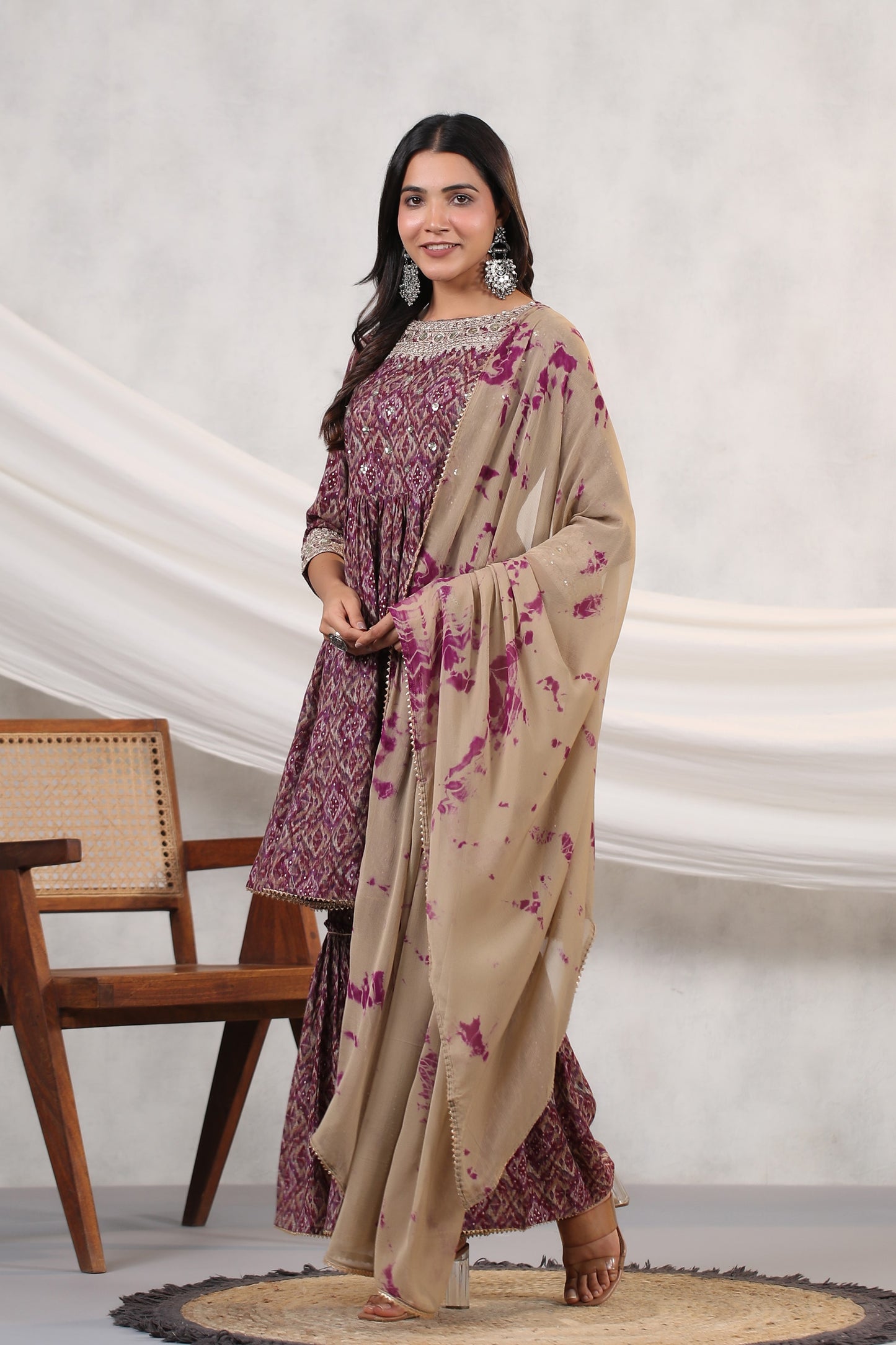 Wine Ikkat Print Muslin Sharara Set