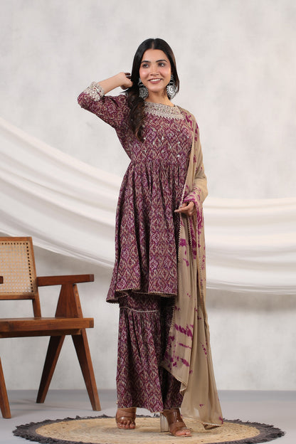 Wine Ikkat Print Muslin Sharara Set