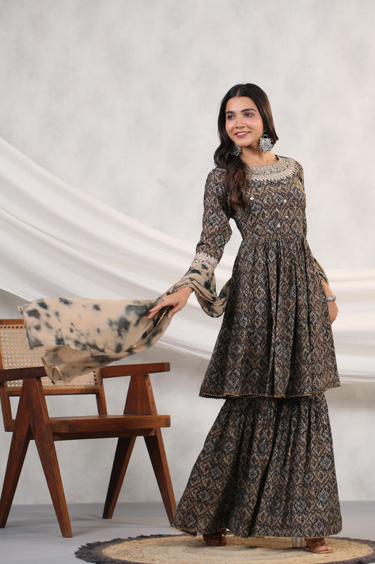 Black Ikkat Print Muslin Sharara Set