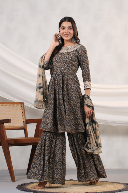 Black Ikkat Print Muslin Sharara Set