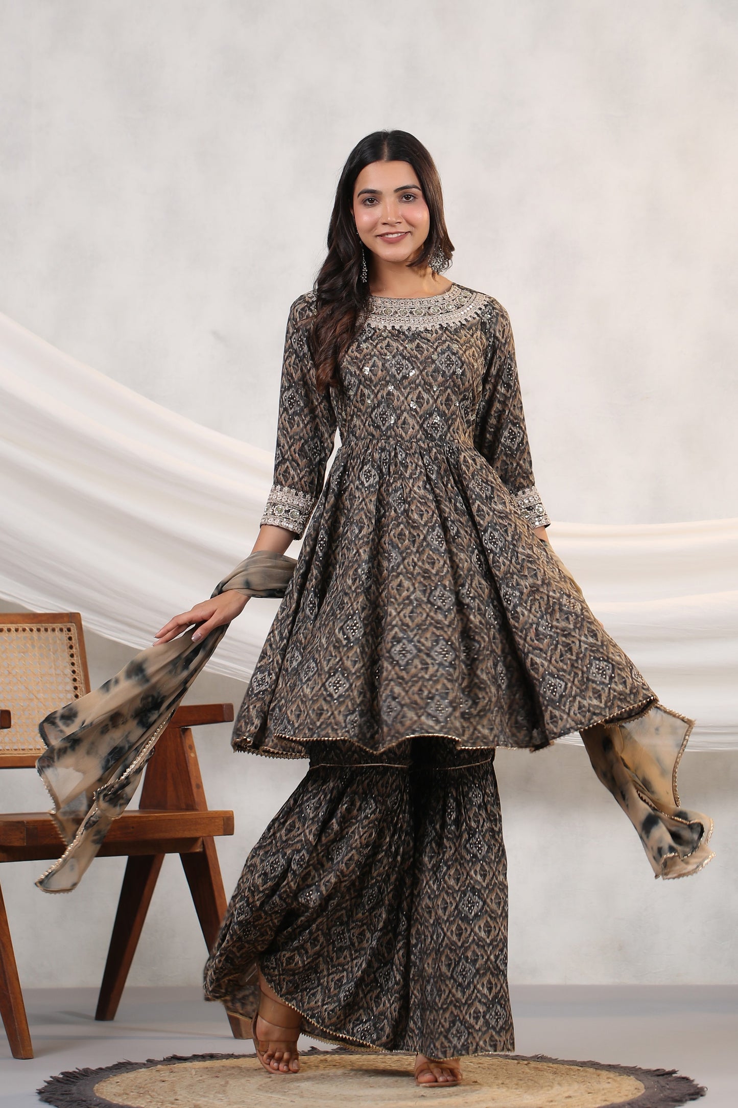 Black Ikkat Print Muslin Sharara Set