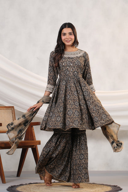 Black Ikkat Print Muslin Sharara Set