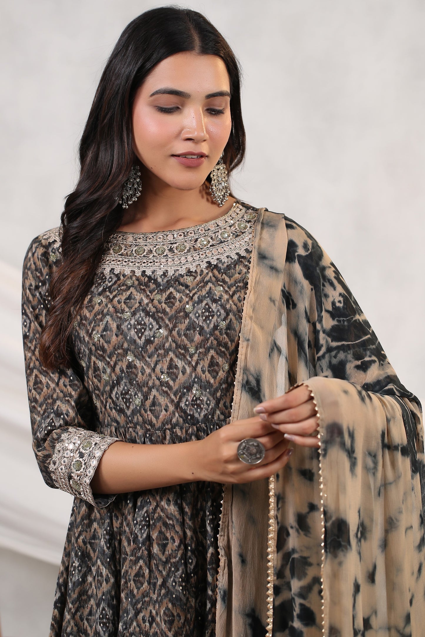 Black Ikkat Print Muslin Sharara Set
