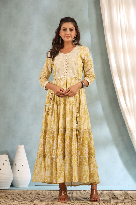 Tinted Yellow Embroidered and Handworked Anarkali Flair Gown