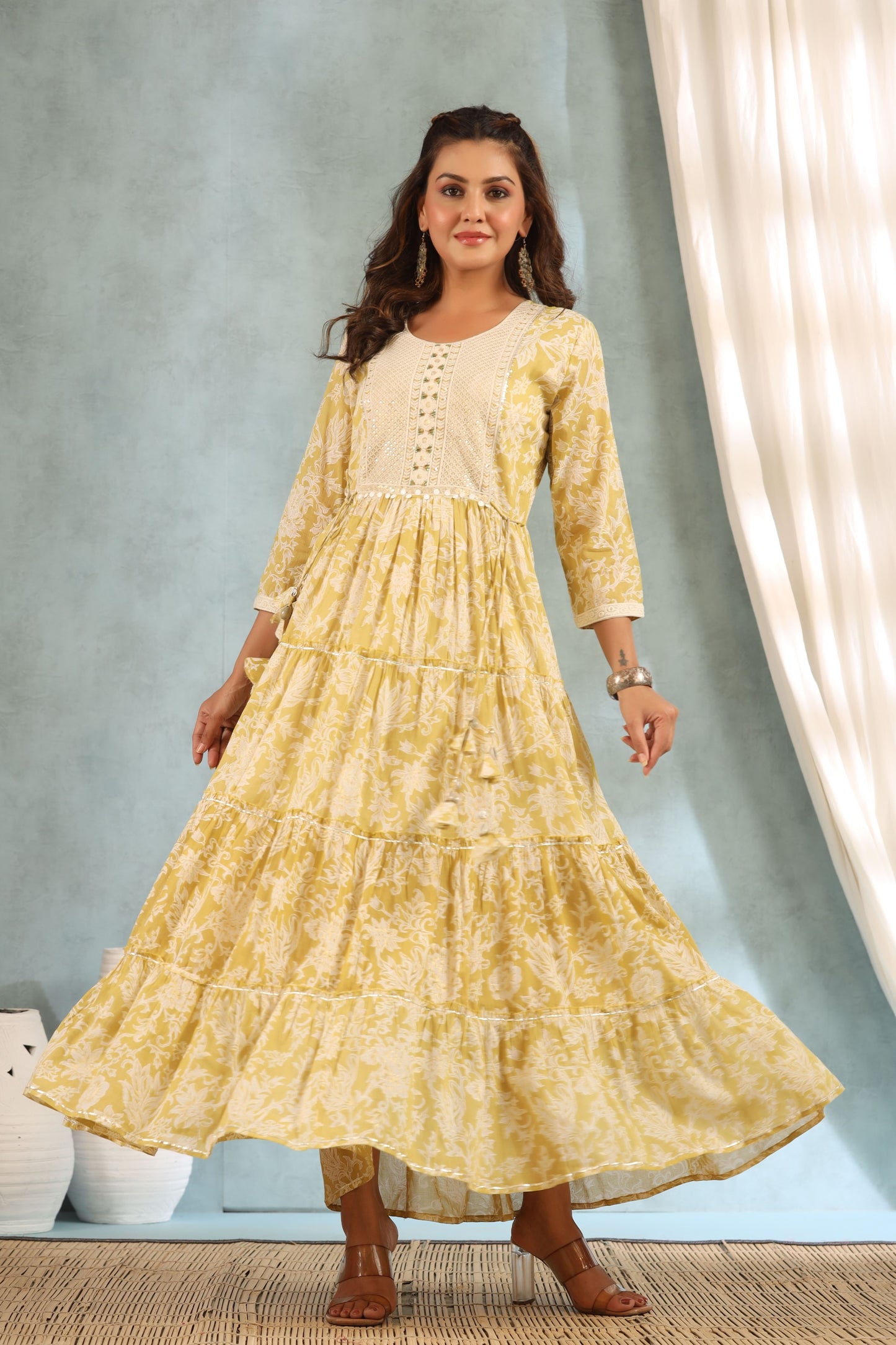 Tinted Yellow Embroidered and Handworked Anarkali Flair Gown