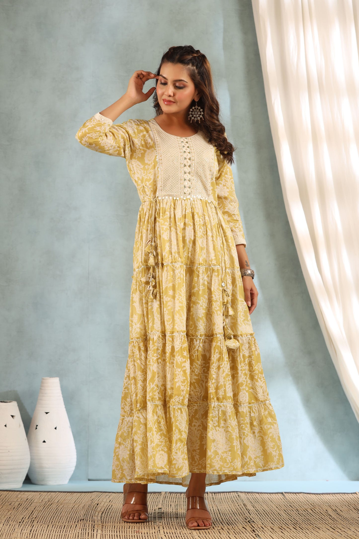 Tinted Yellow Embroidered and Handworked Anarkali Flair Gown