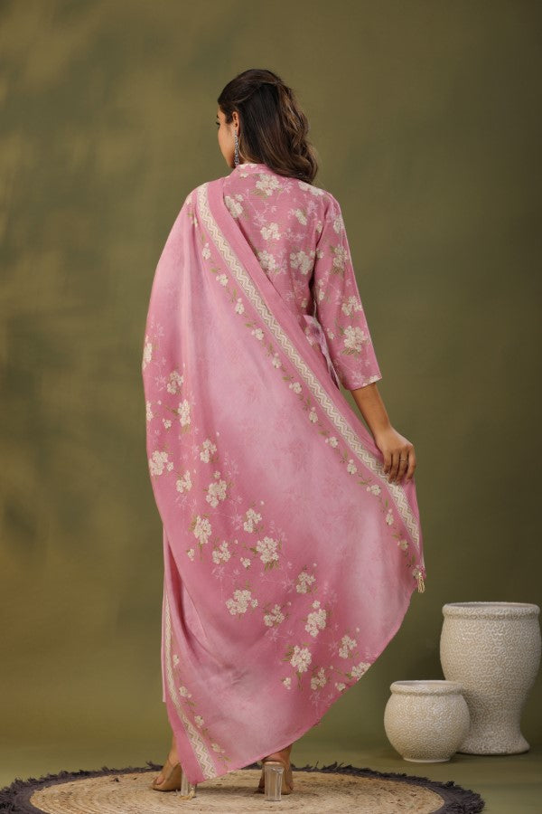 Pink Floral Handworked Straight-Cut Kurta Set