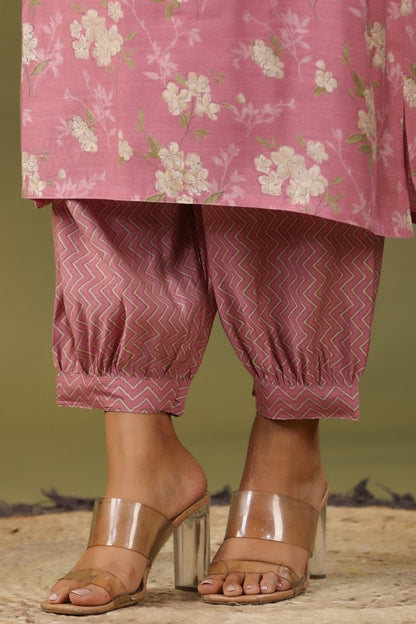 Pink Floral Handworked Straight-Cut Kurta Set