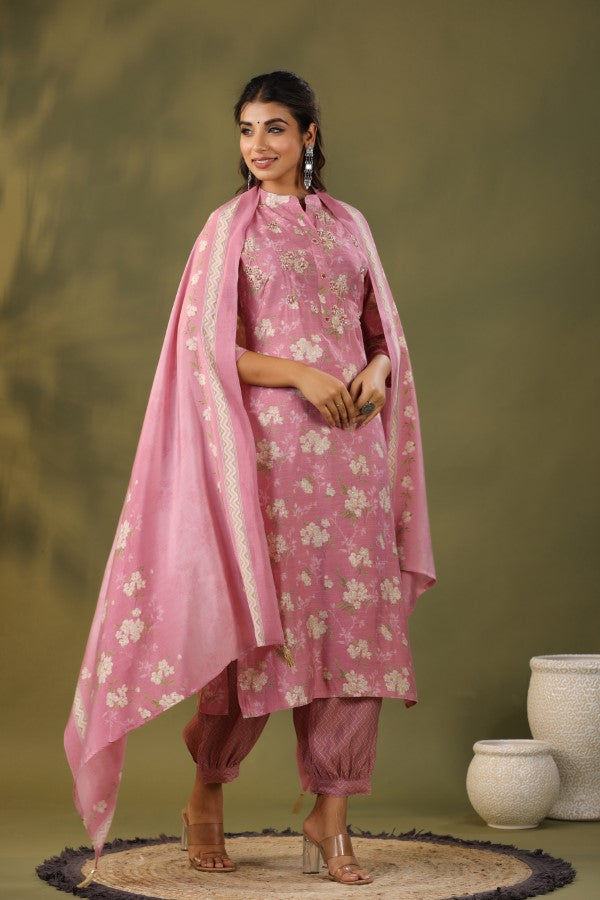 Pink Floral Handworked Straight-Cut Kurta Set