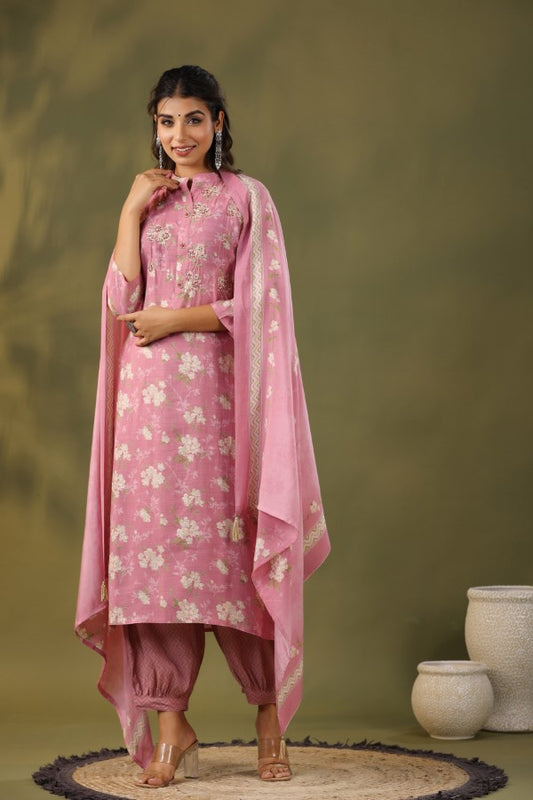 Pink Floral Handworked Straight-Cut Kurta Set