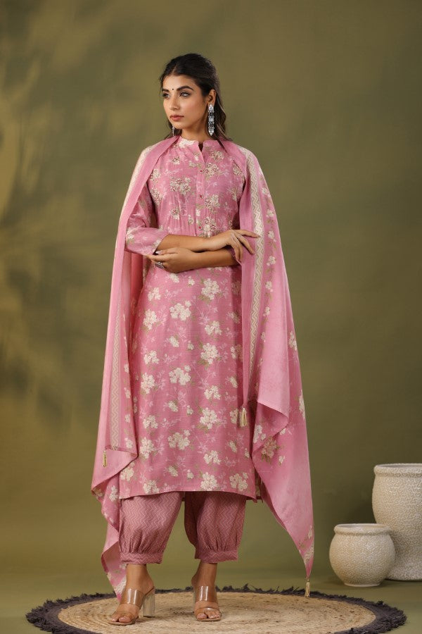 Pink Floral Handworked Straight-Cut Kurta Set