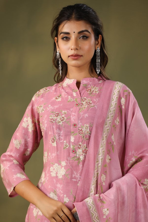 Pink Floral Handworked Straight-Cut Kurta Set
