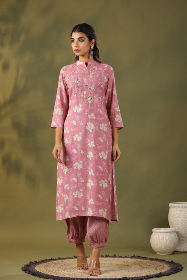 Pink Floral Handworked Straight-Cut Kurta Set