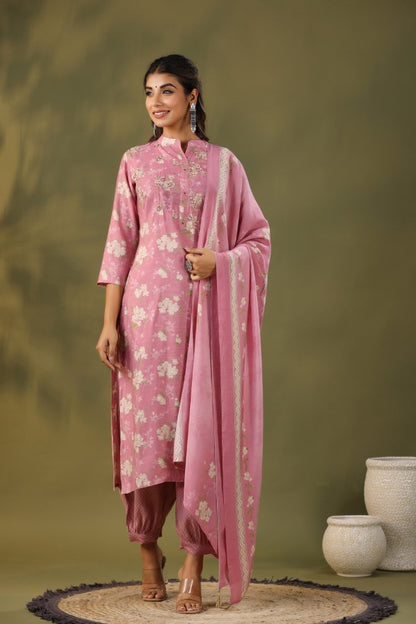 Pink Floral Handworked Straight-Cut Kurta Set