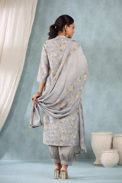 Grey Floral Handworked Straight-Cut Kurta Set