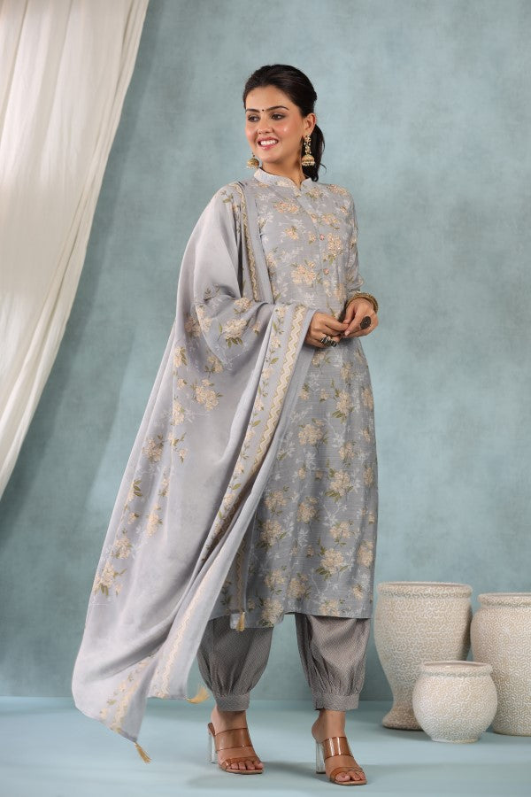 Grey Floral Handworked Straight-Cut Kurta Set